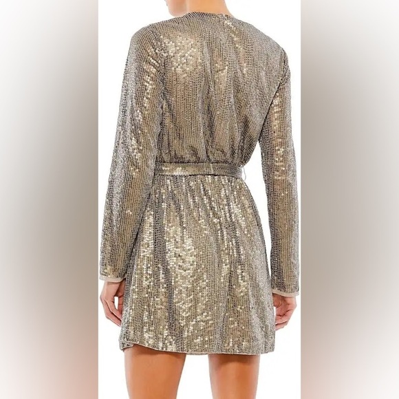 NWT Mac Duggal Sequin Tie Waist Mini Dress in Taupe size 8 - Picture 3 of 11